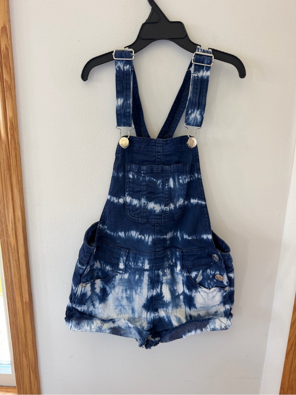 Justice Tie-Dye Denim Short Overalls in Navy and White